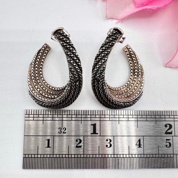 Tested Silver Twisted Hoop Earrings Faux Marcasite Milgrain Cobbled 9.23 Grams - Picture 16 of 16